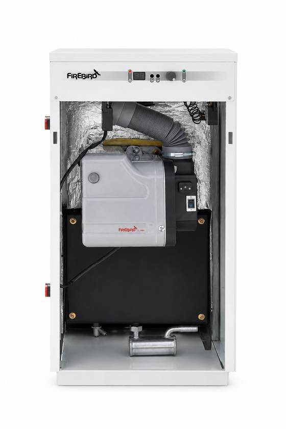 A Firebird condensing oil boiler with the casing open, showing the burner