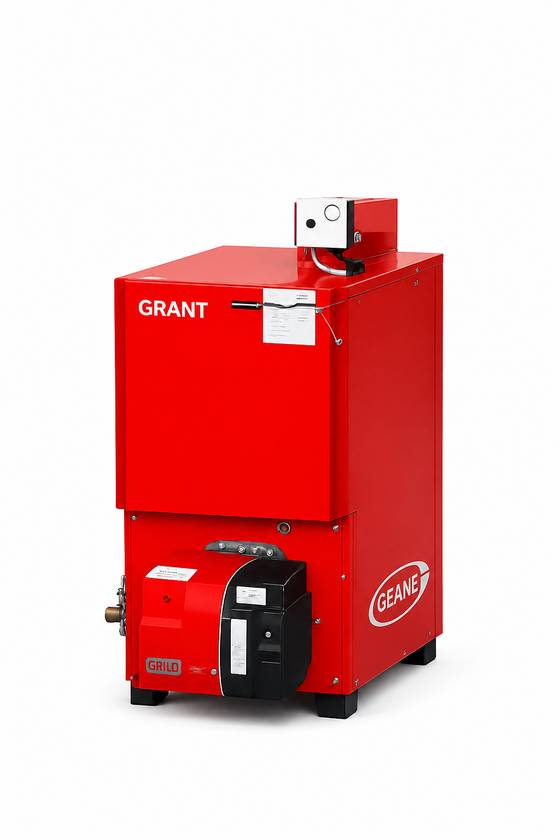 A red Grant condensing oil boiler with its burner unit