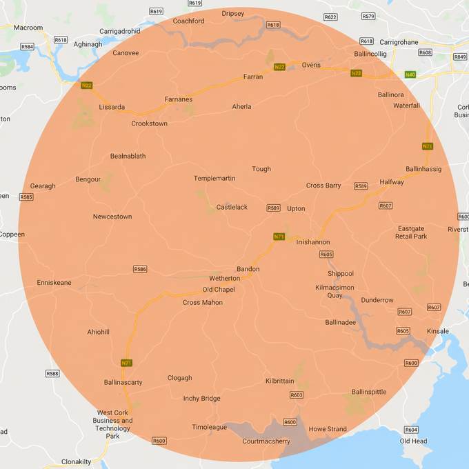 Map showing Michael's service area — a circle covering roughly 30 to 35 minutes around Bandon, Co. Cork, reaching Kinsale, Enniskeane, Timoleague, Crossbarry and the surrounding countryside